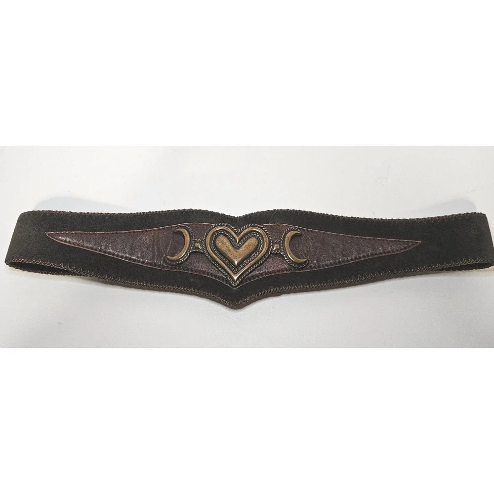 Vintage 90s Suede Corset Belt Brown Leather Heart Crescent Moon Waist Cinch M L
